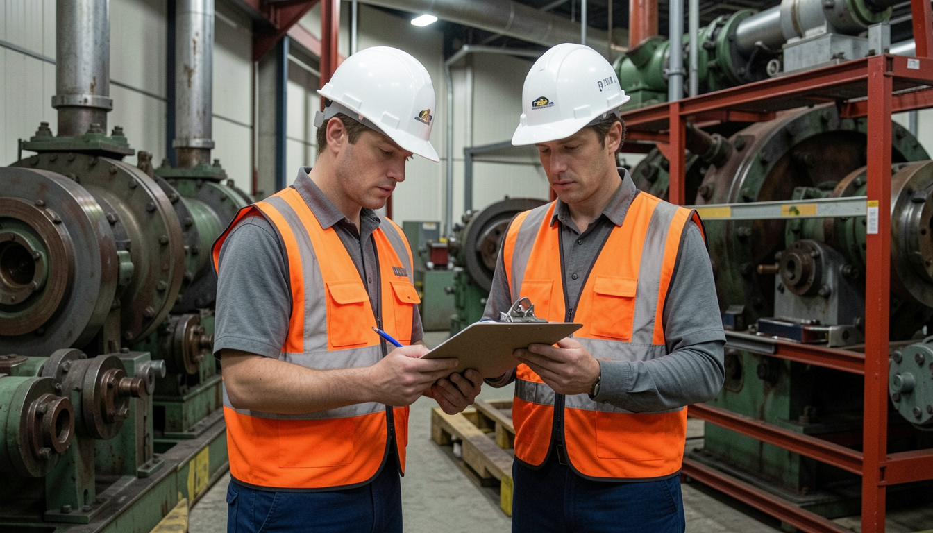 Facility maintenance technicians reviewing industrial equipment